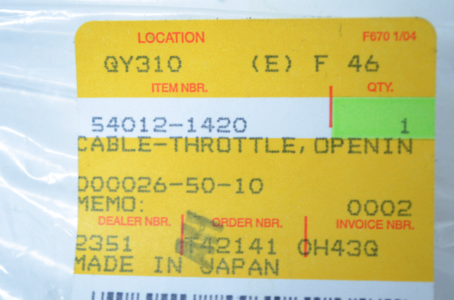 OEM Kawasaki 54012-1420 Opening Throttle Cable NOS