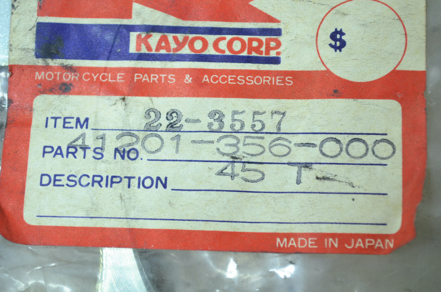NEW Kayo Co Honda Sprocket 45T 1976-1978 XL350 41201-356-000 NOS