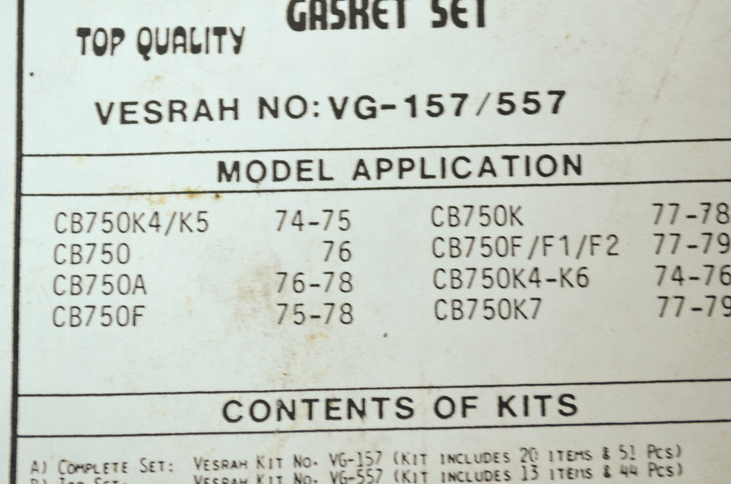 NEW Honda Gasket Set 1974-1979 CB750 VG-557 NOS