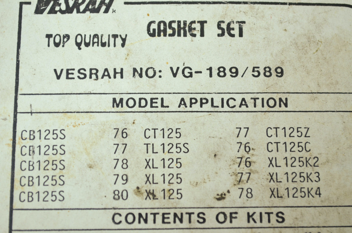 NEW Honda Gasket Set CB125 XL125 CT125 TL125 VG-189 NOS