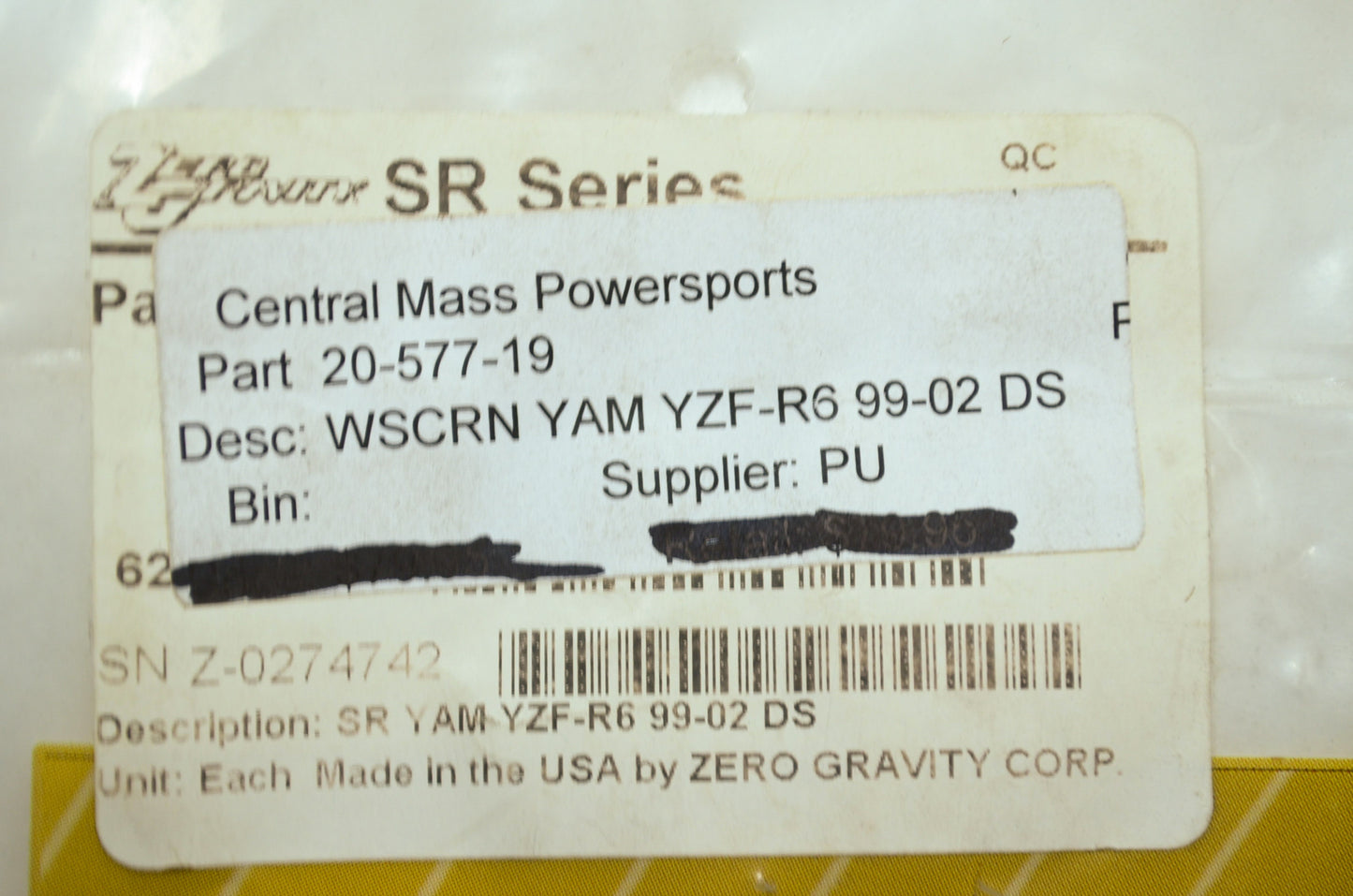 NEW Zero Gravity SR Series Yamaha Windshield 1999-2002 R6 20-577-19 NOS