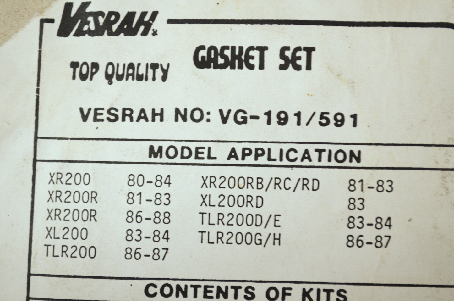 NEW Versah Honda Gasket Set XR200 TLR200 XL200 VG-591 NOS