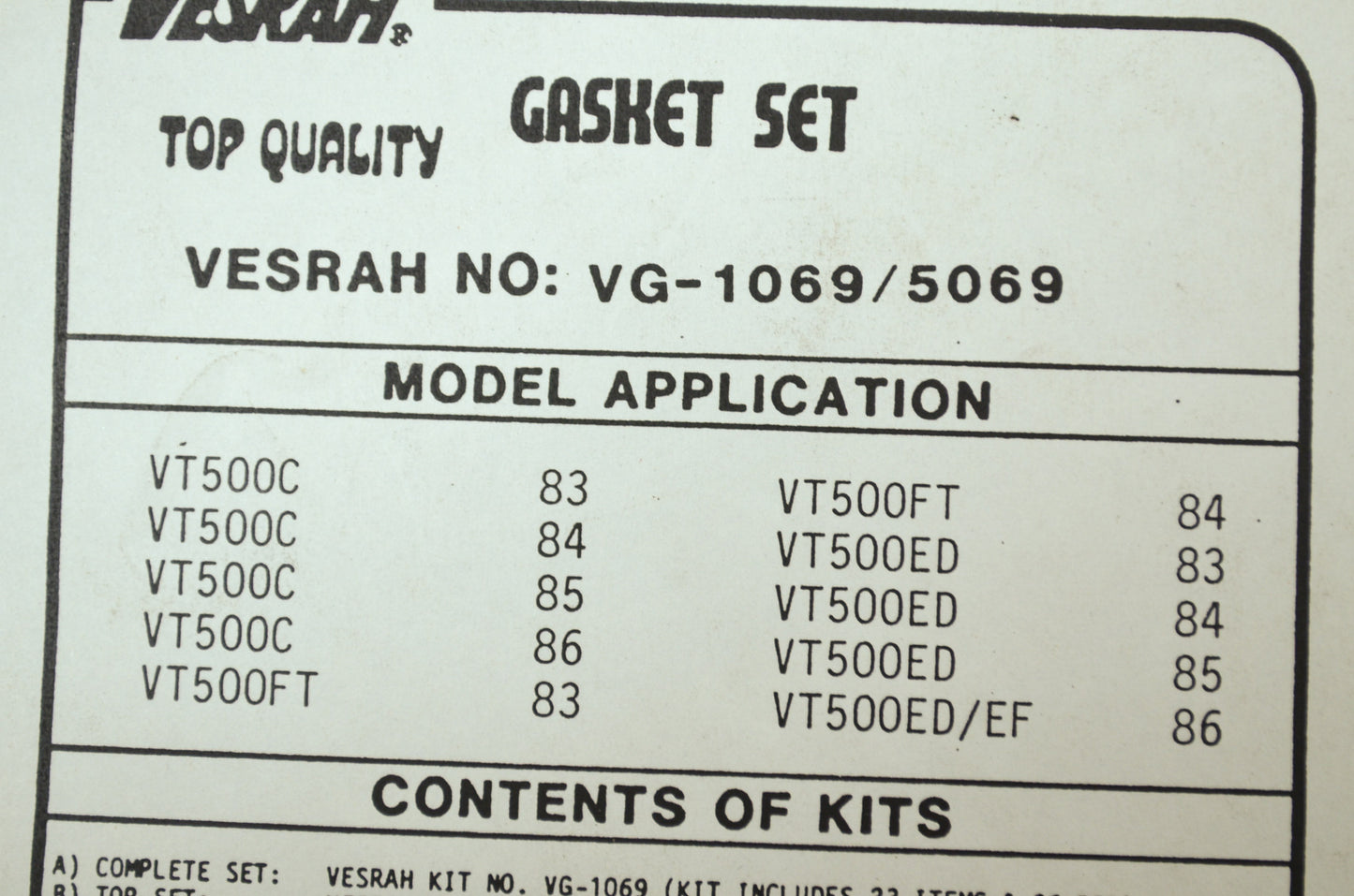 NEW Versah Honda Gasket Set 1983-1986 VT500 VG-5069 NOS