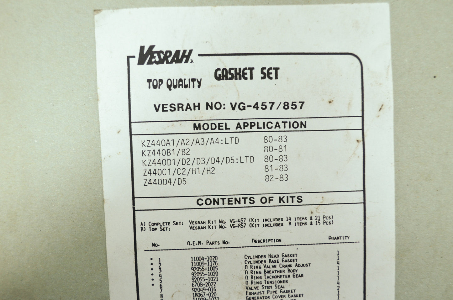 NEW Vesrah Kawasaki Gasket Set KZ440 Z440 VG-457 NOS