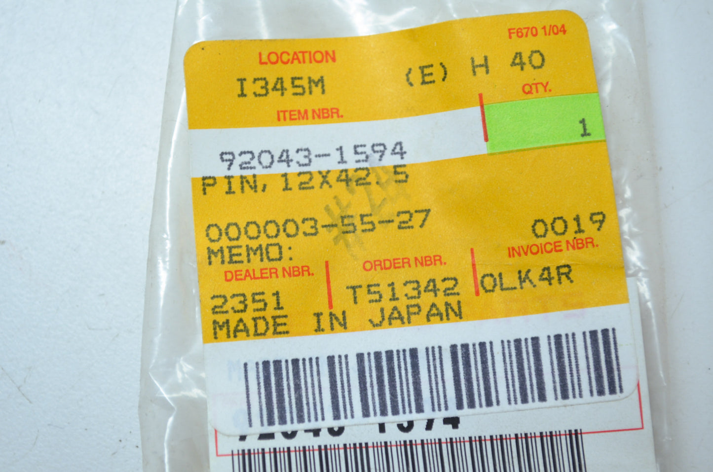 OEM Kawasaki 92043-1594 Pin 12X42.5 NOS