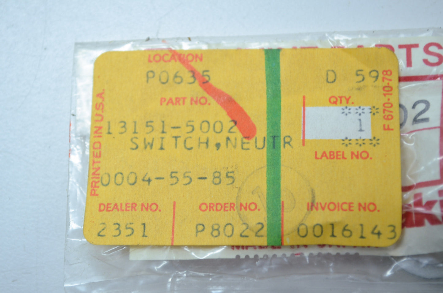 OEM Kawasaki 13151-5002 Neutral Switch NOS