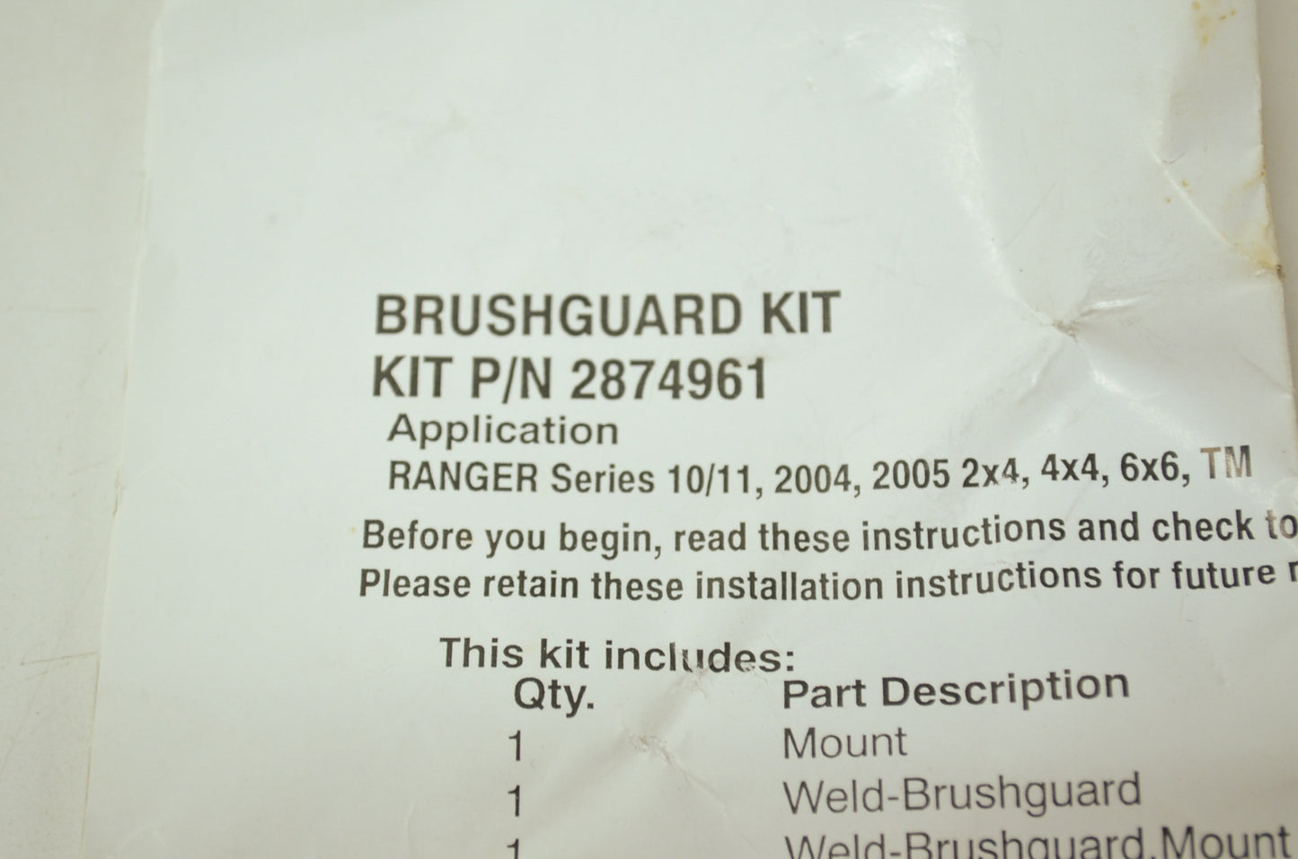 NEW OEM Polaris Brush Guard Mount Kit 04-05 Ranger TM 2x4 4x4 6x6 2874961 NOS