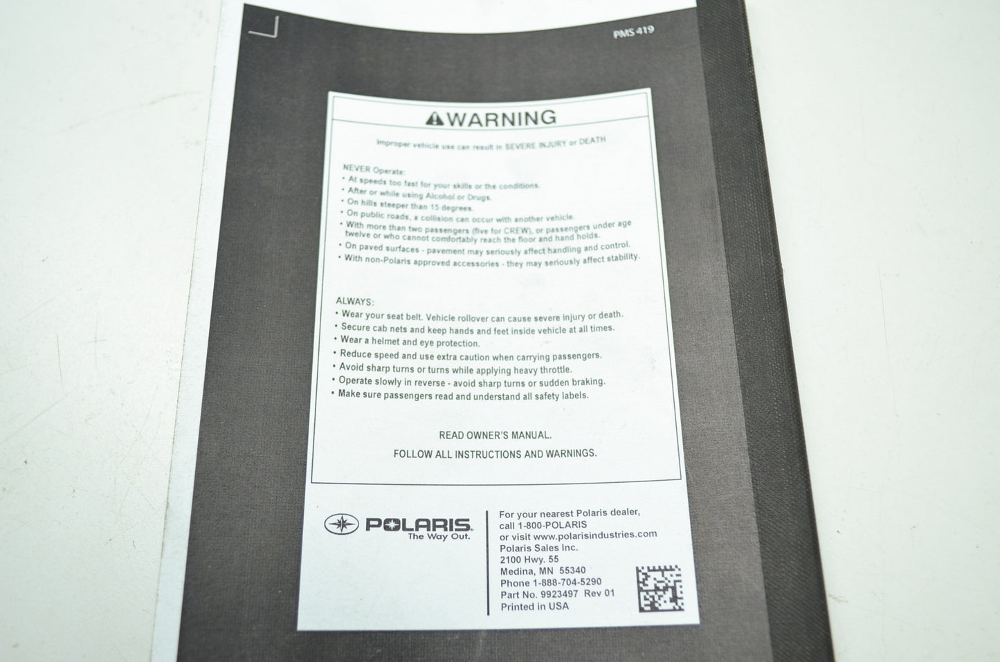 OEM Polaris 2012 Ranger 800 Owners Manual PMS419
