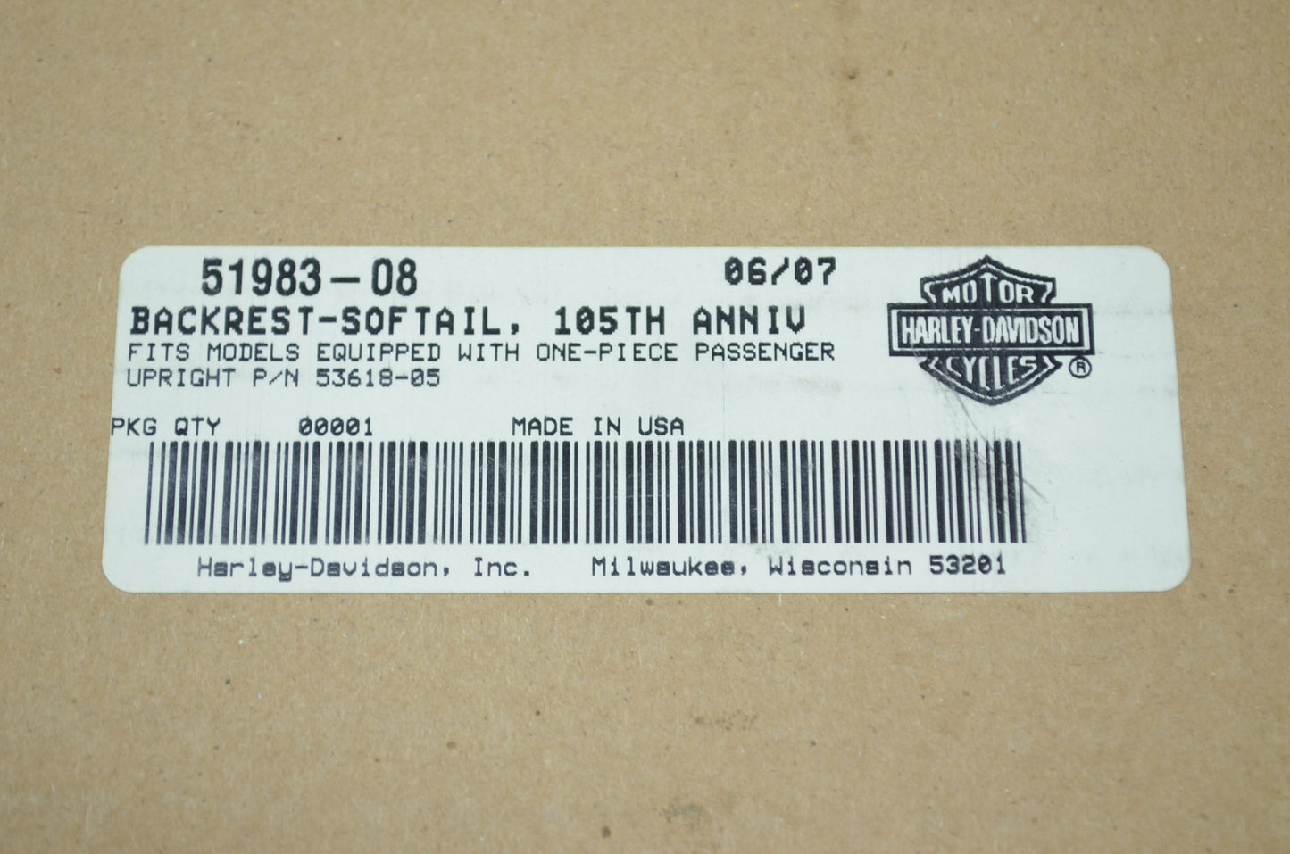 105th Anniversary Backrest Pad Softail NOS