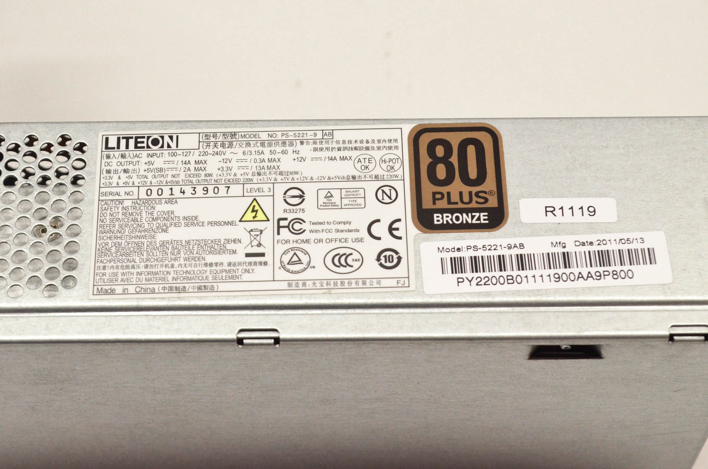 Liteon PS-5221-9AB, R1119 220 Watt 80 Plus Bronze Rated Power Supply