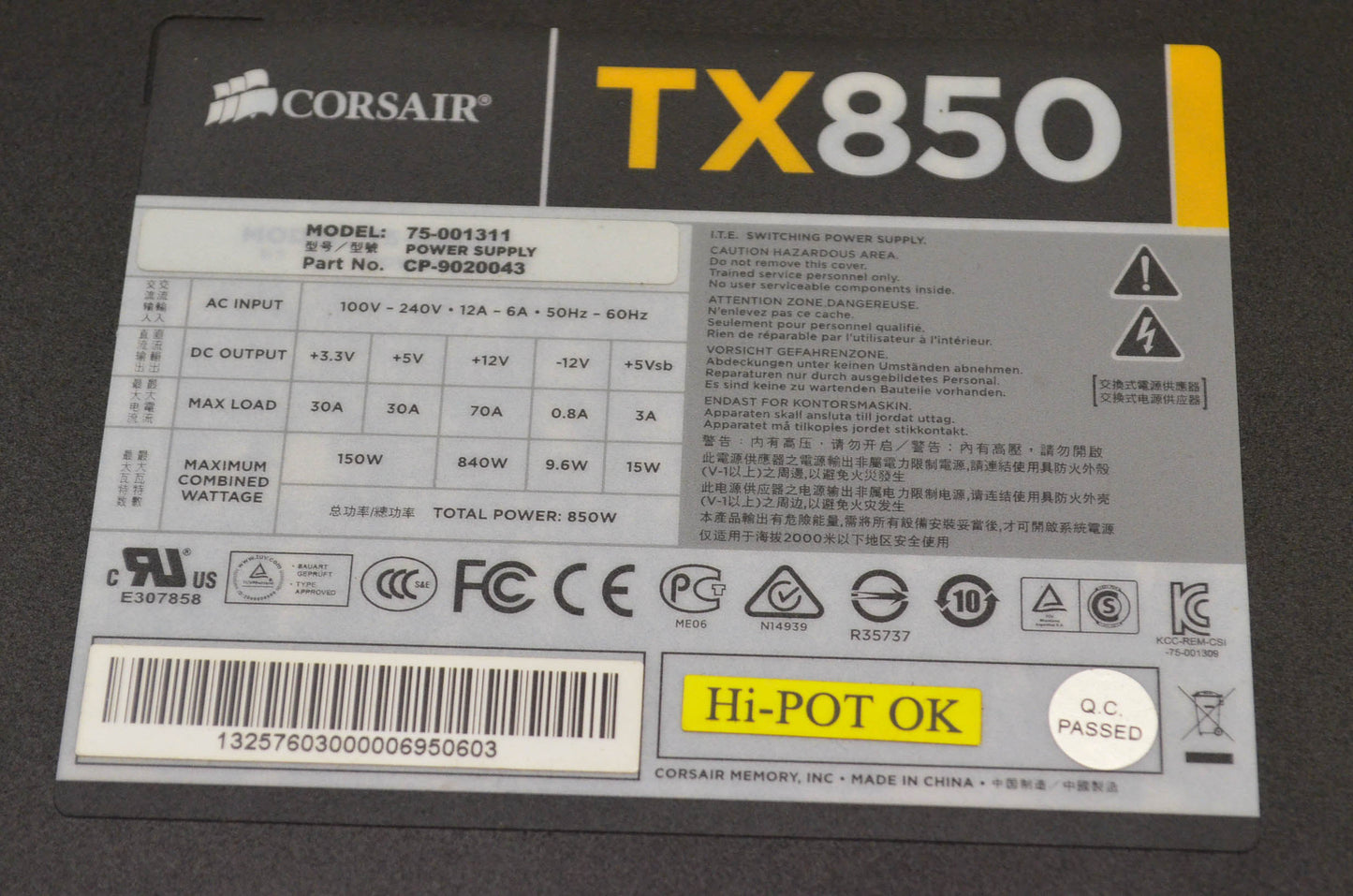 Corsair TX850 850 Watt 80 Plus Bronze Certified Power Supply
