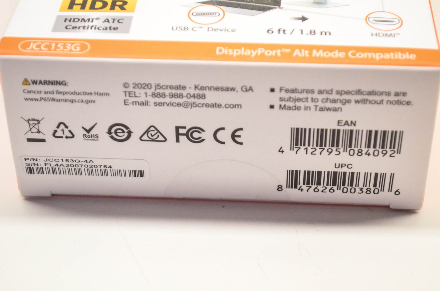 j5create JCC153G-4A USB-C to 4K HDMI 6 Foot Cable NOS
