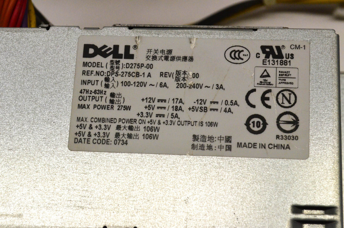 Dell D275P-00, E131881 275 Watt Power Supply