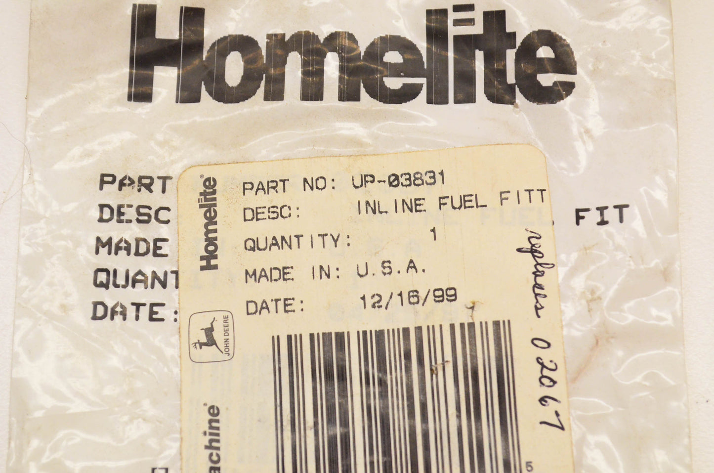 Homelite UP03831 Inline Fuel Fitting NOS