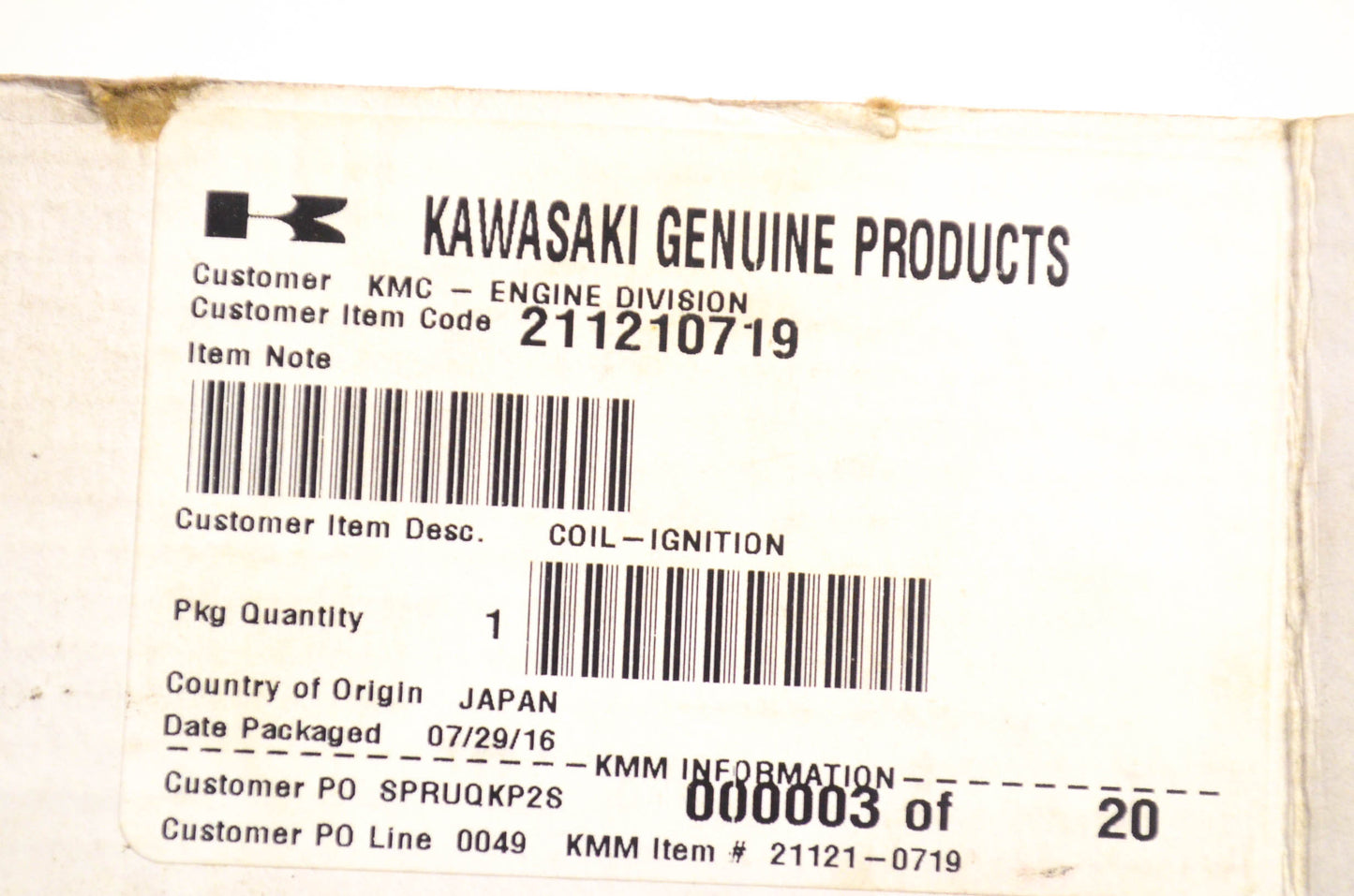 New OEM Kawasaki 21121-0719 Ignition Coil NOS