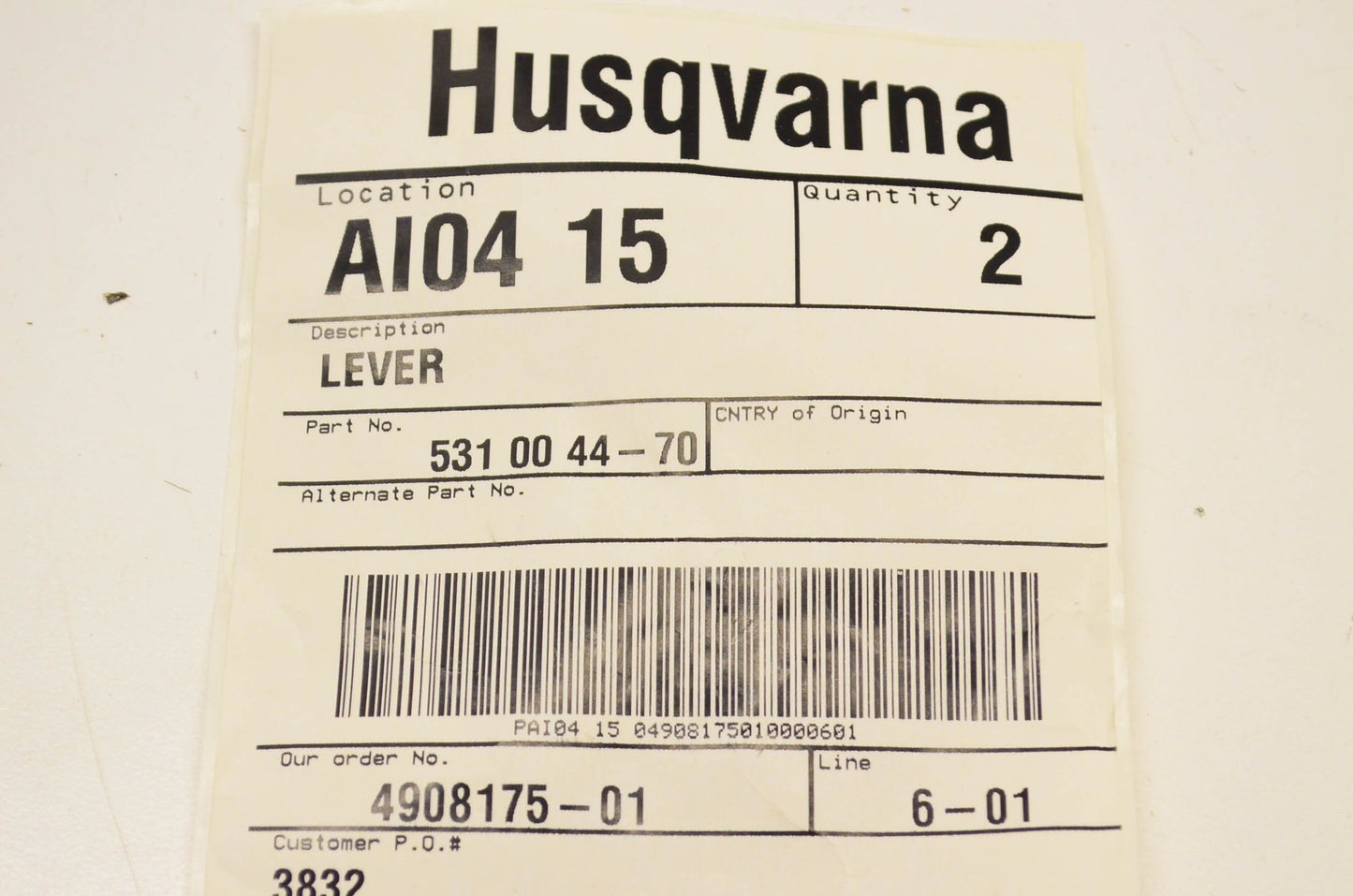New OEM Husqvarna 531004470, 531 00 44-70 Lever NOS
