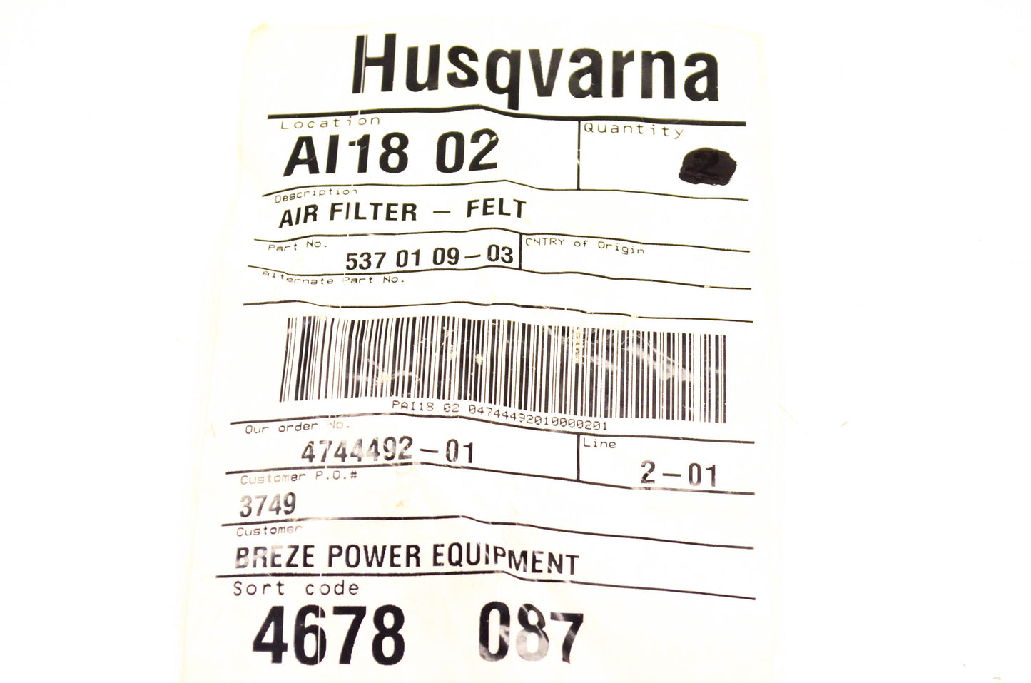 New OEM Husqvarna 537010903, 537 01 09-03 Felt Air Filter NOS