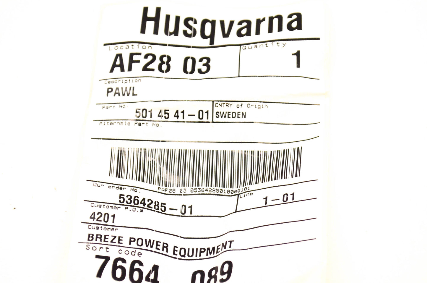 New OEM Husqvarna 501454101, 501 45 41-01 Pawl NOS