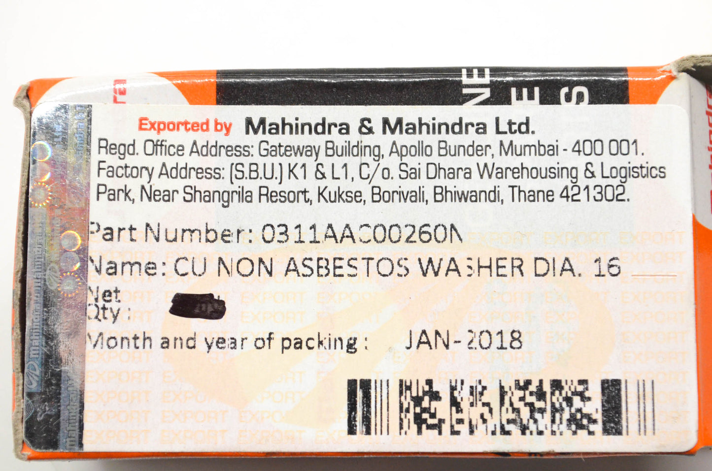 Mahindra 0311AAC00260N Oil Drain Plug Washer NOS