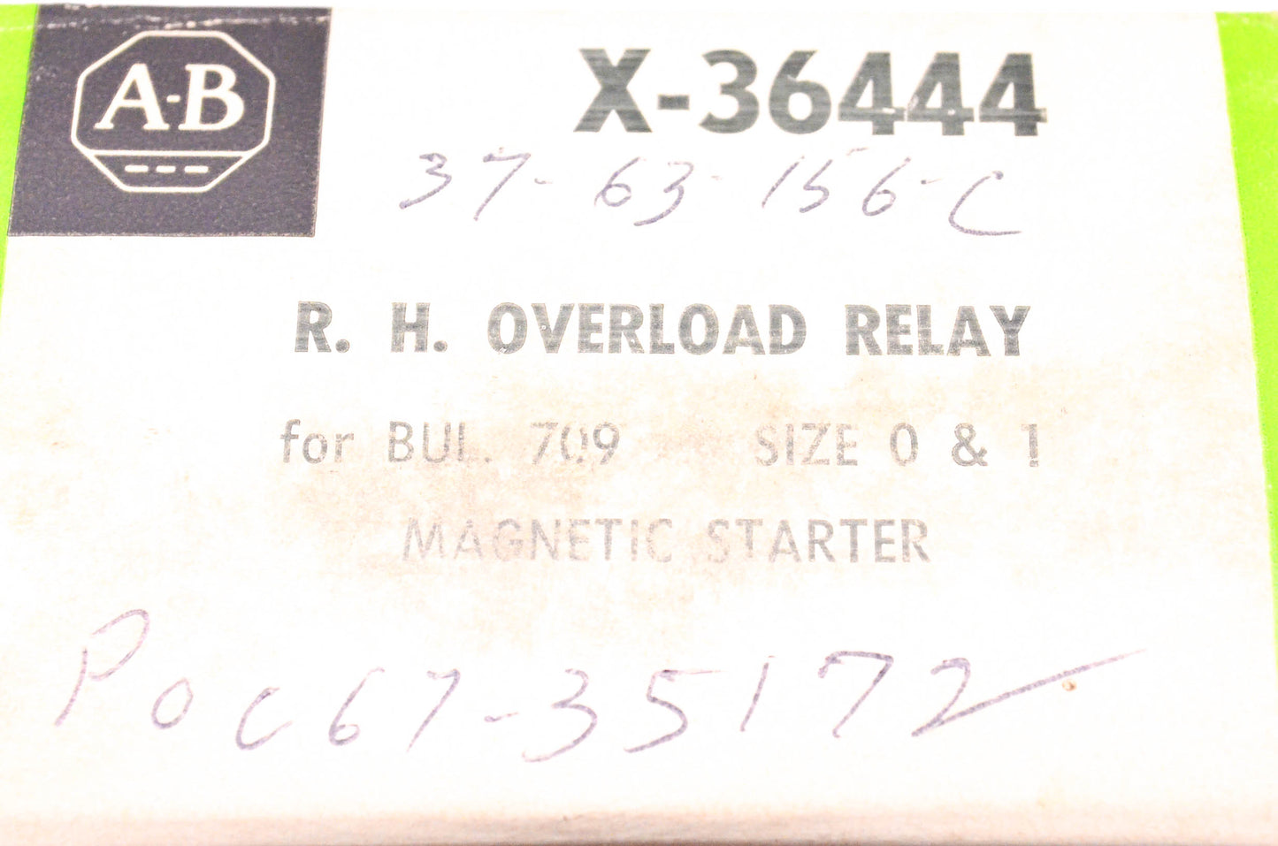 Allen Bradley X-36444, 37-63-156-C R.H. Overload Relay NOS