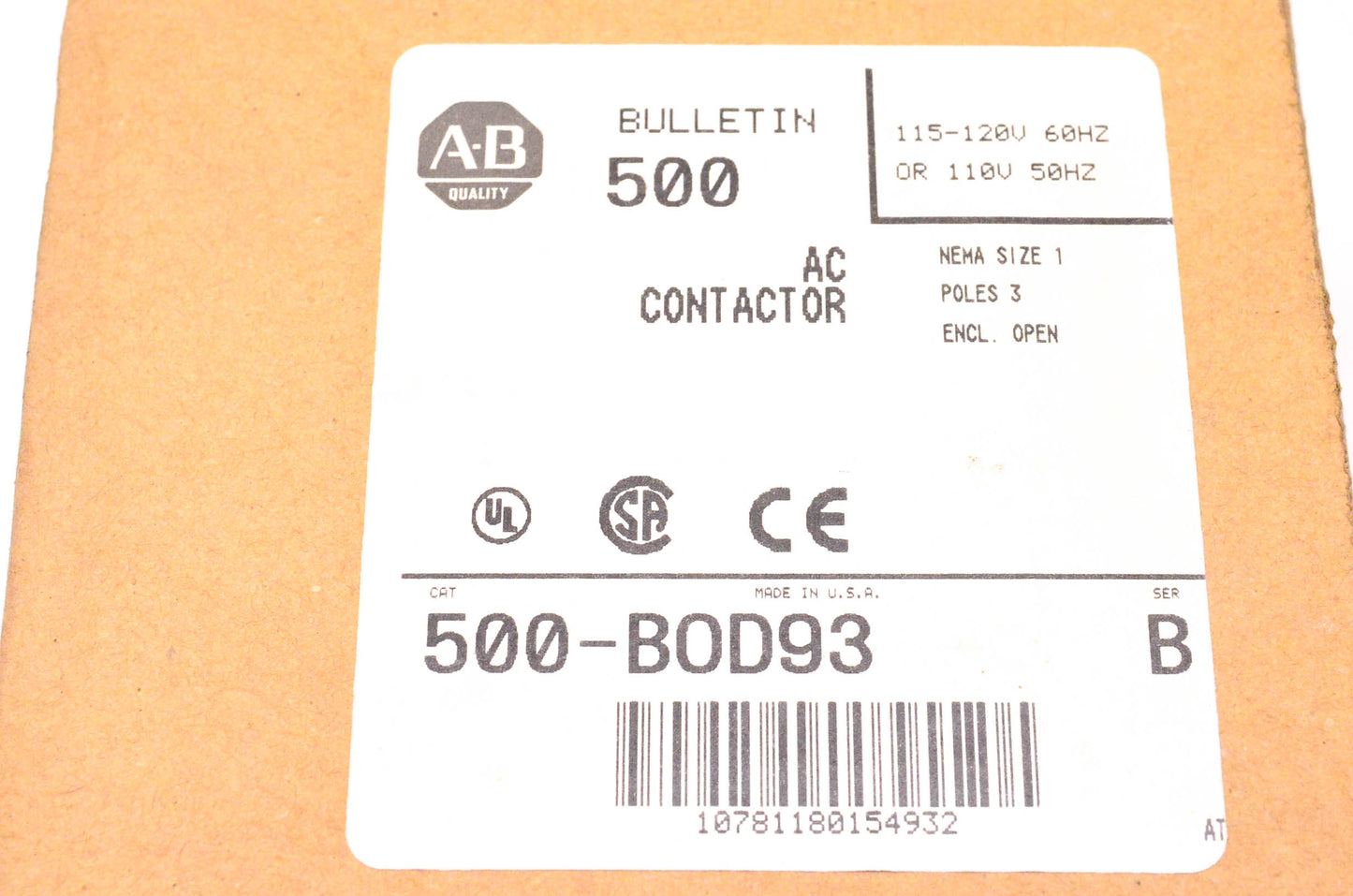 Allen Bradley 500-BOD93 AC Contactor NOS