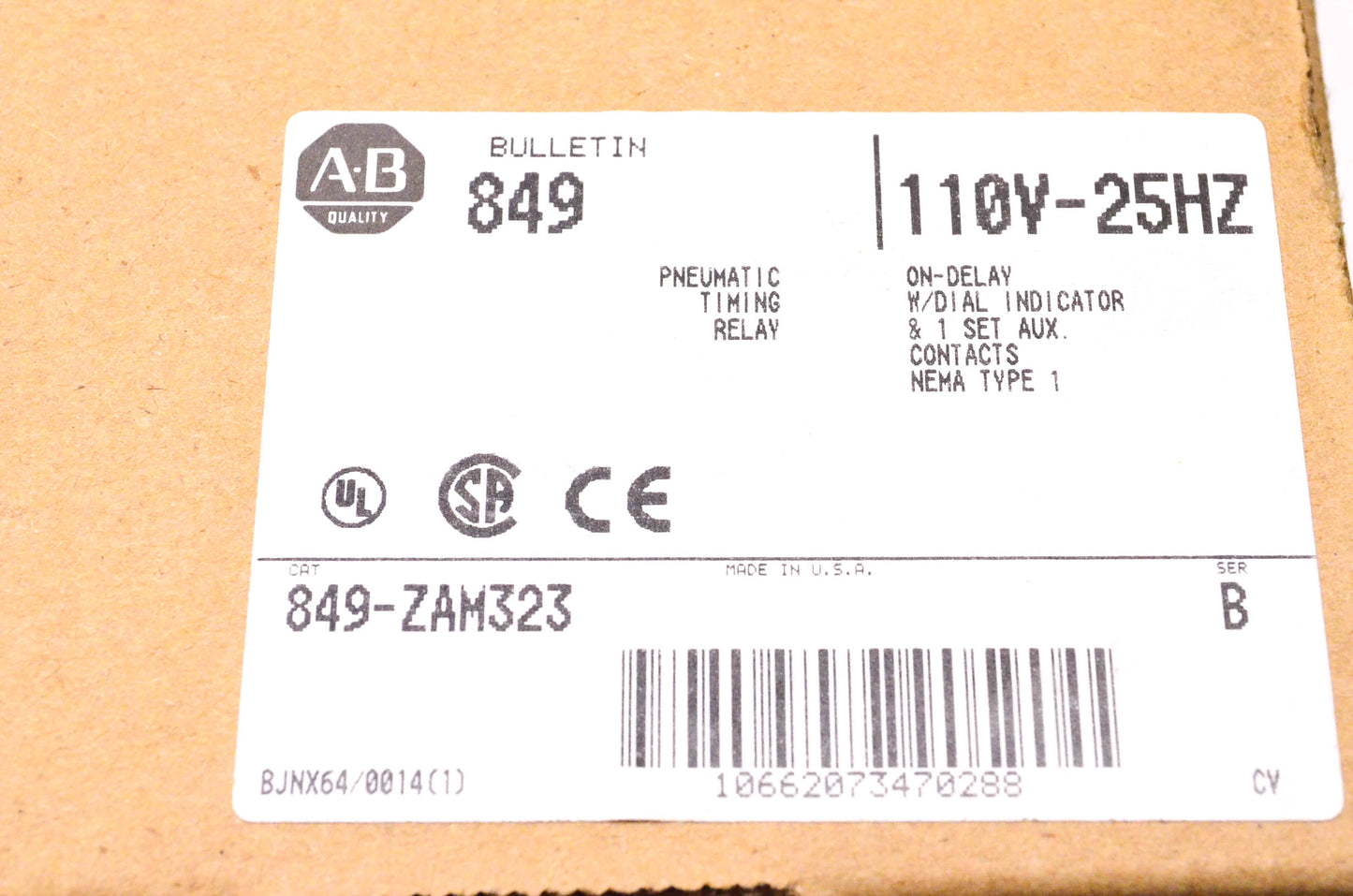 Allen Bradley 849-ZAM323 110V-25Hz Pneumatic Timing Relay NOS