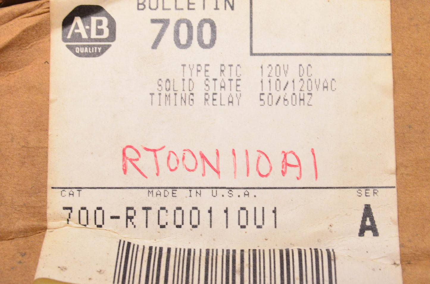 Allen Bradley 700-RTC00110U1 Type RTC Solid State Timing Relay NOS