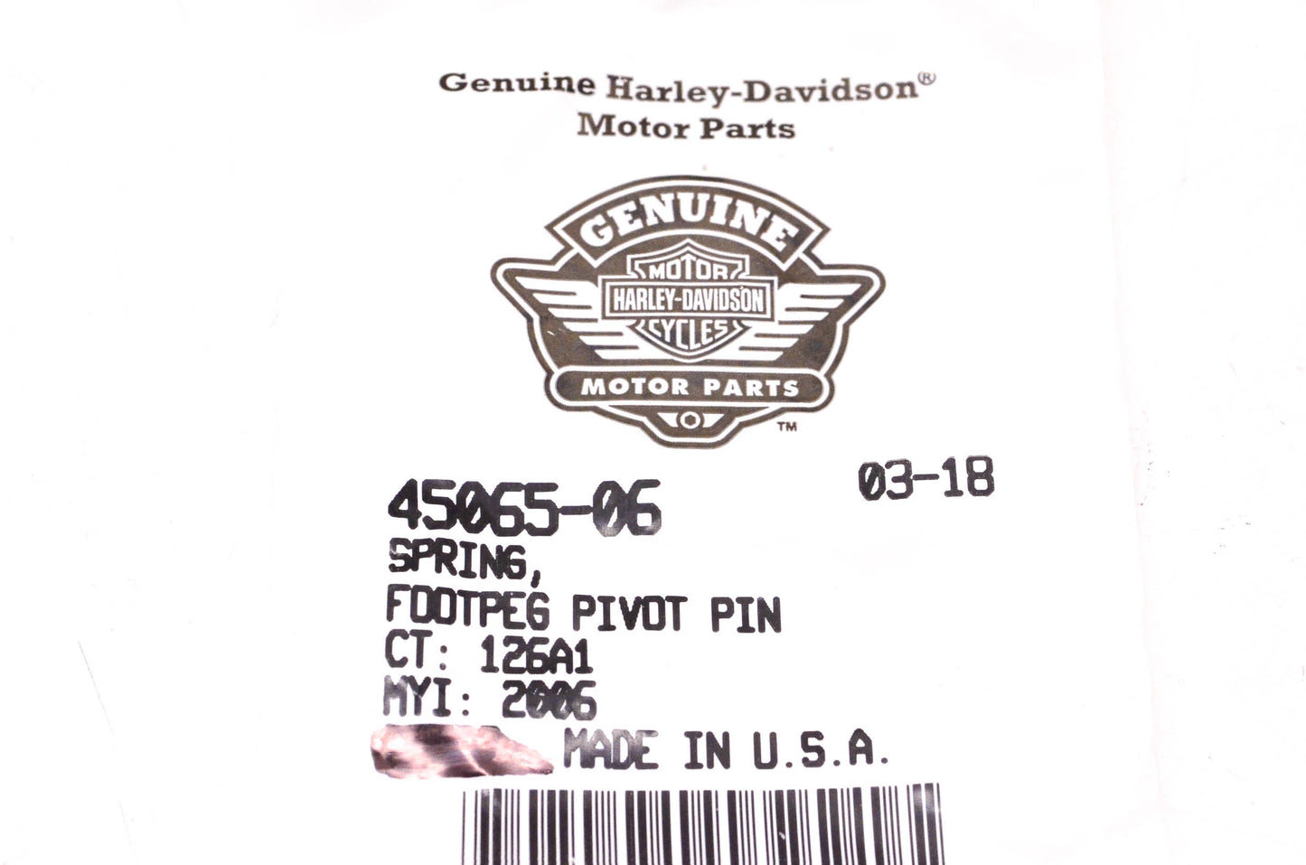 New OEM Harley-Davidson 45065-06 Footpeg Pivot Pin Spring NOS