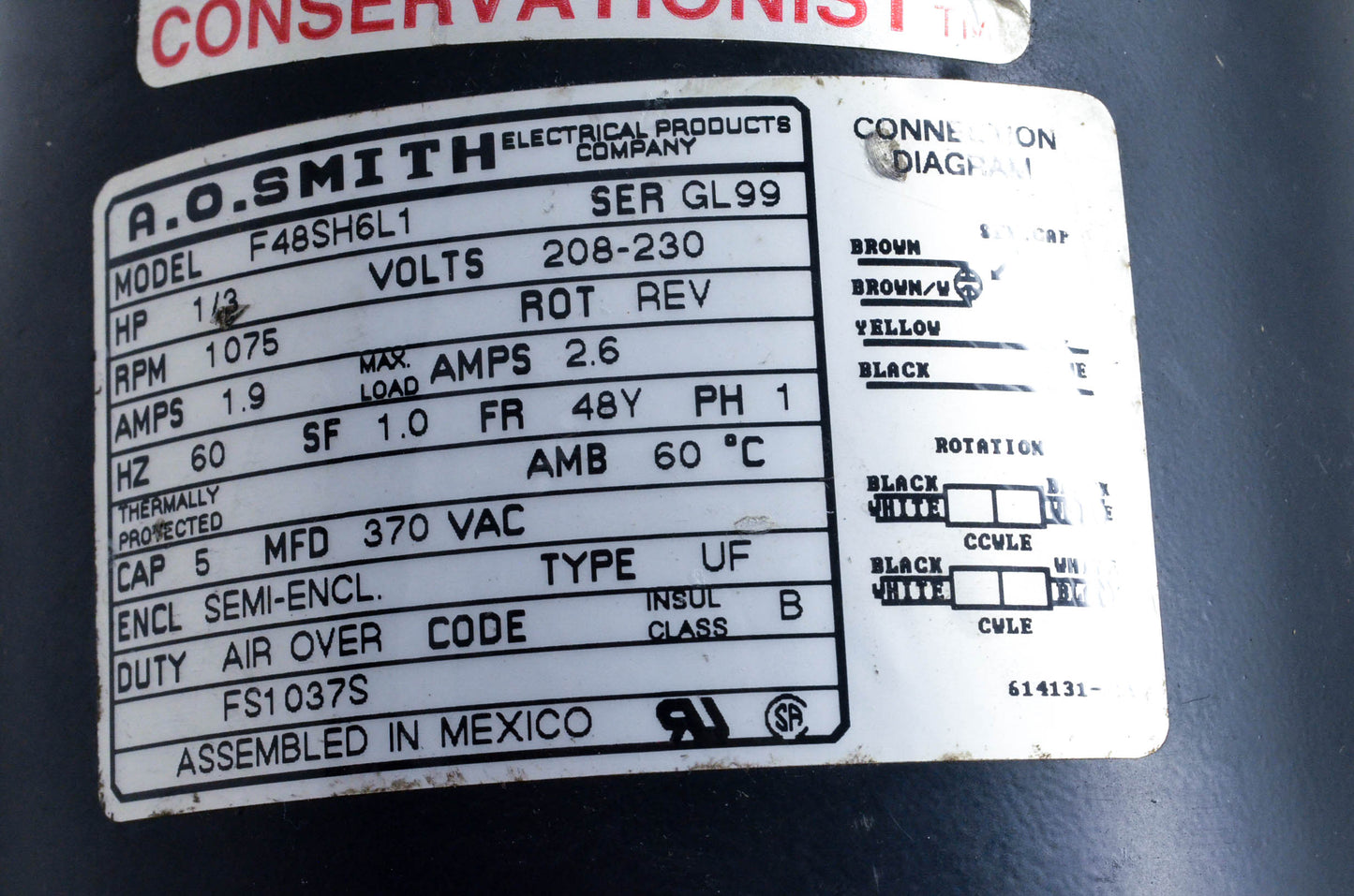 A.O. Smith F48SH6L1 Condenser Fan Motor NOS