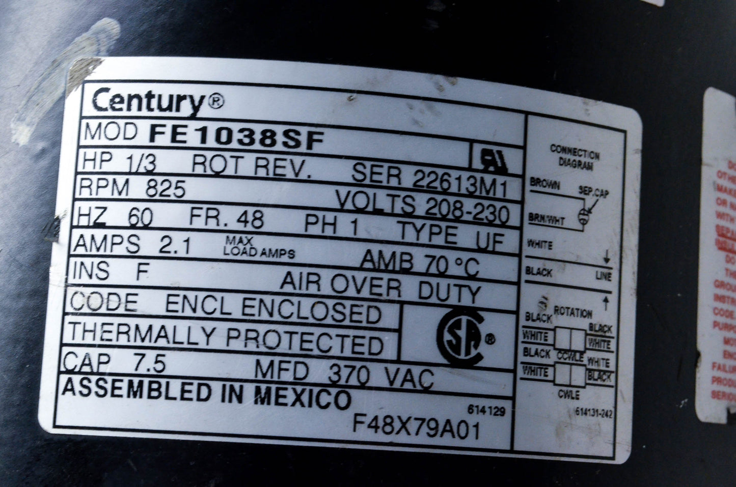 Century FE1038SF Condenser Fan Motor NOS