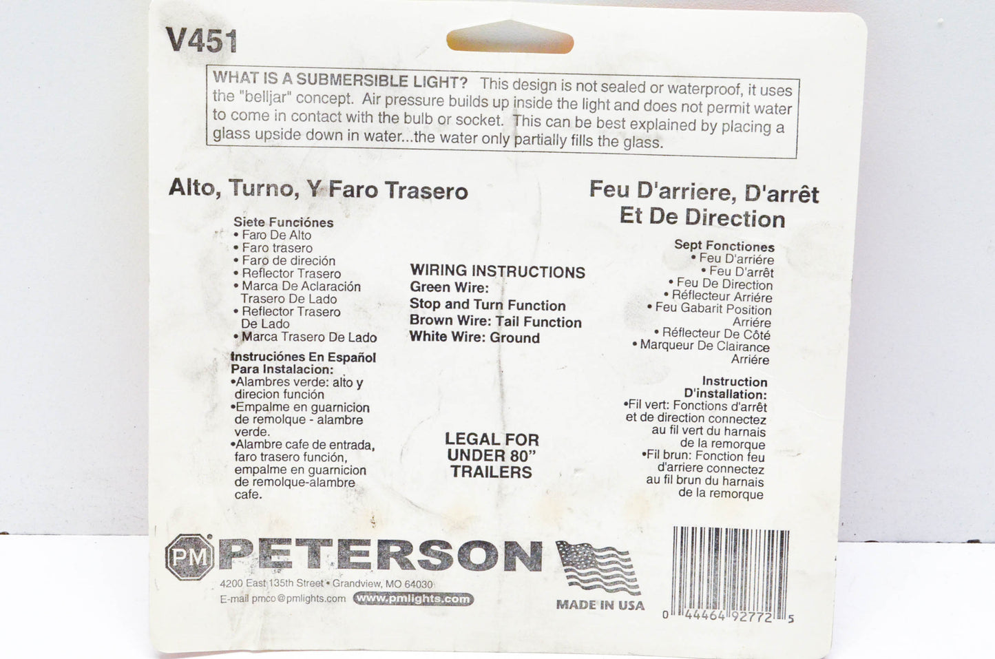 Peterson V451 Submersible Trailer Tail Light NOS