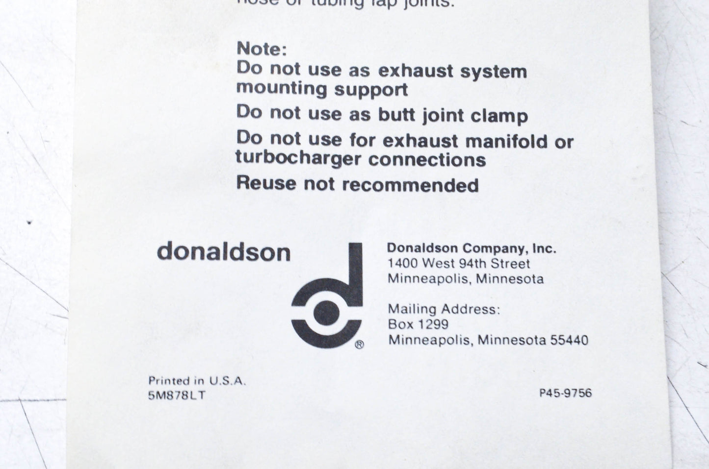 Donaldson RE30042, 5M878LT 5" Exhaust Clamp Kit NOS