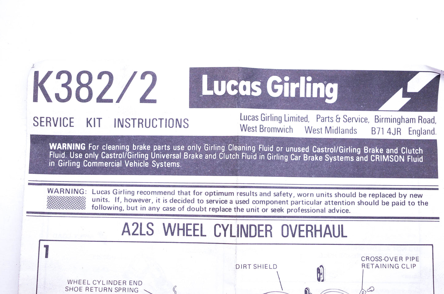 Lucas Girling K382/2 A2LS Wheel Cylinder Overhaul Kit NOS