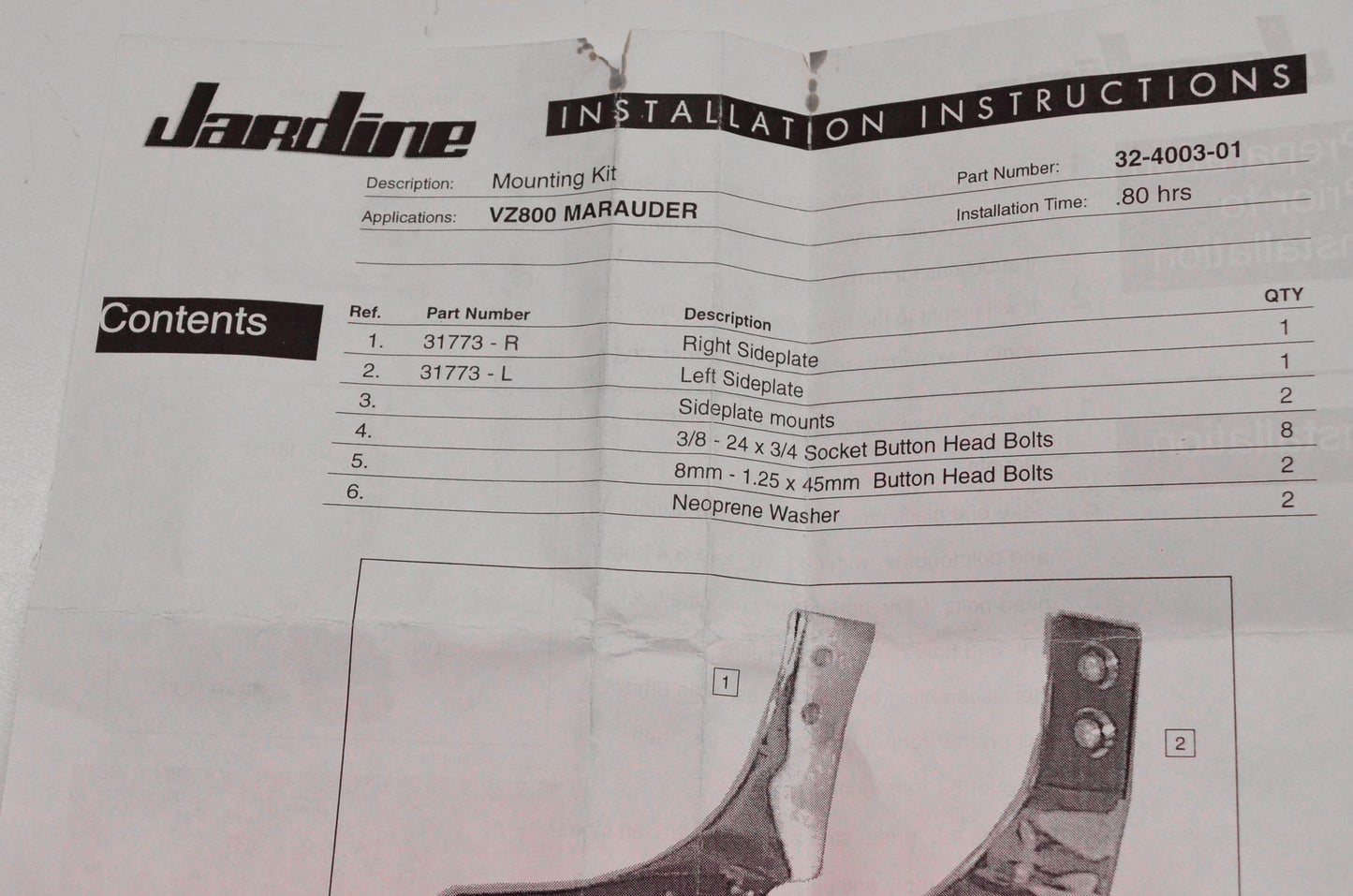 Jardine BR-4003-01, 32-4003-01 Back Rest Mounting Kit NOS