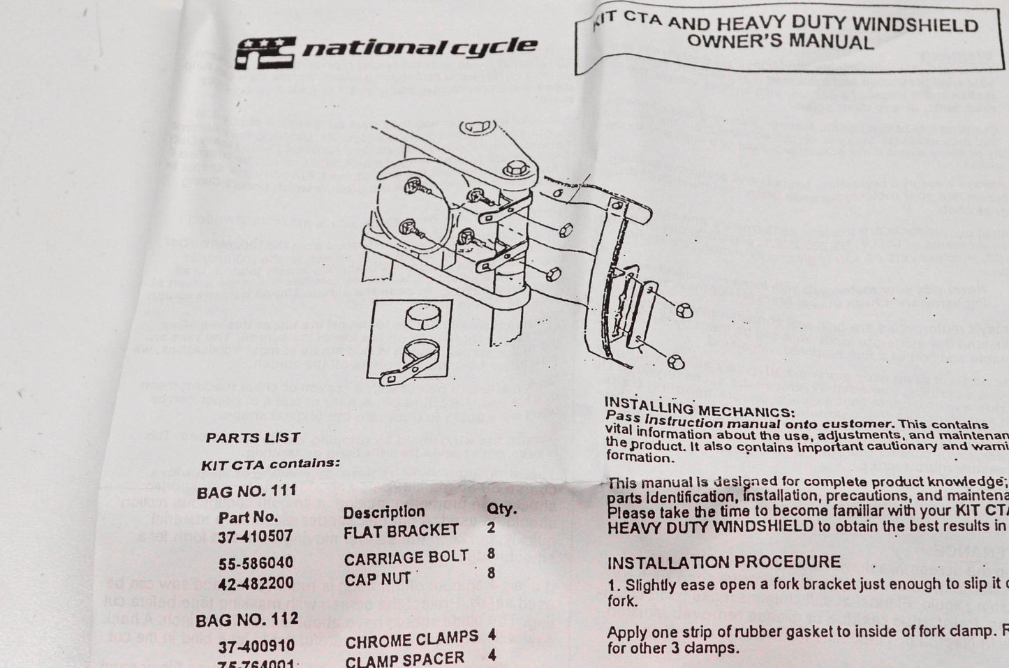 National Cycle 1400-370, 37-400910, 75-764001 Heavy Duty Windshield Hardware NOS