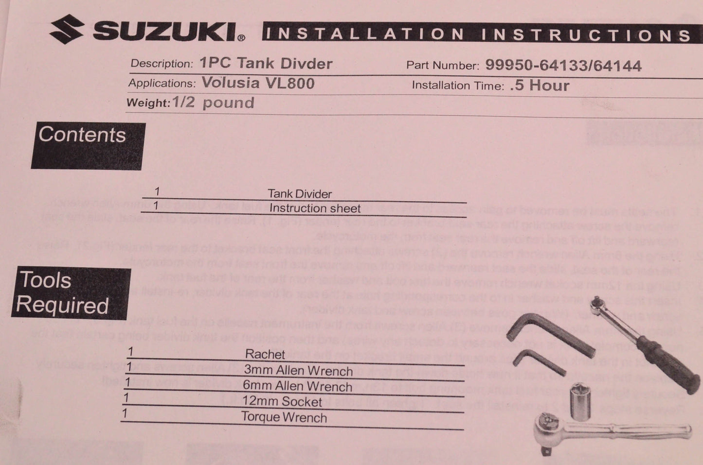 New OEM Suzuki 99950-64133 Tank Divider Piece NOS