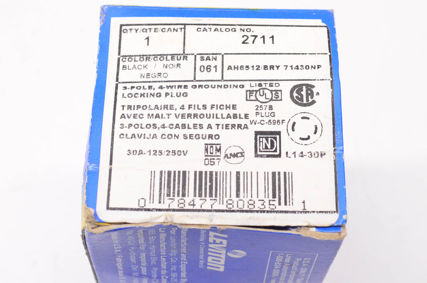 Levton 2711, AH6512/BRY 71430NP 3-Pole 4-Wire Grounding Locking Plug NOS