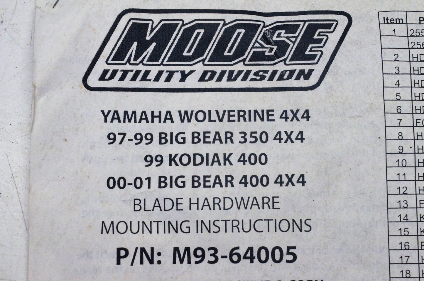 Moose Utility Division M93-64005, 2776 Plow Mount Kit NOS