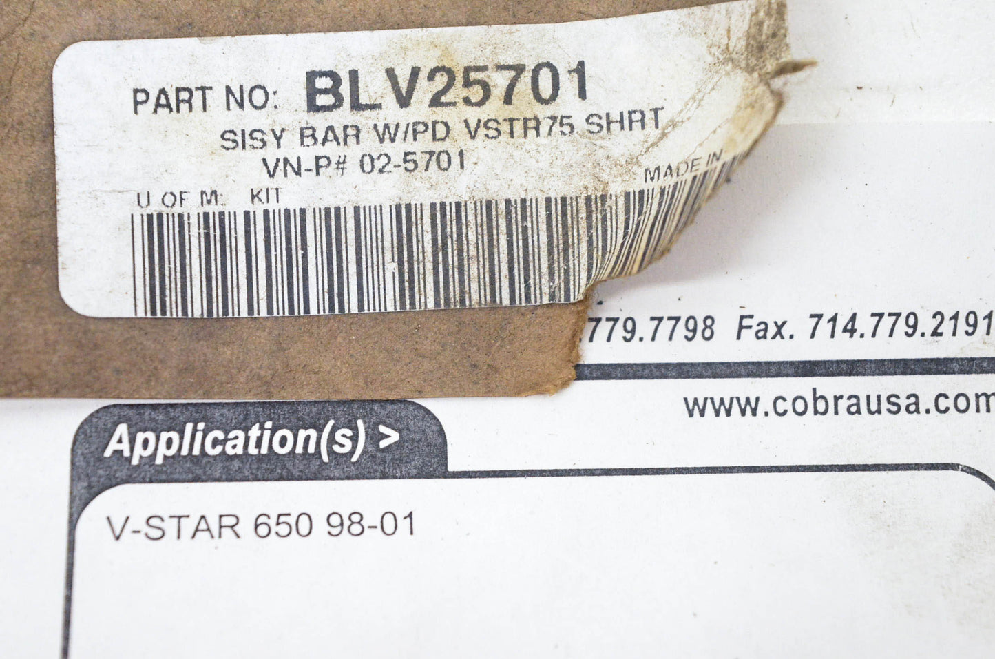 Cobra BLV25701, 02-5701 Sissy Bar Kit NOS