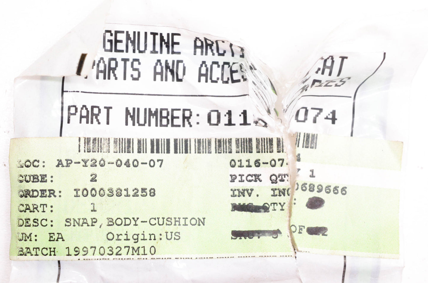 New OEM Arctic Cat 0116-074 Cushion Body Snaps Qty 2 NOS