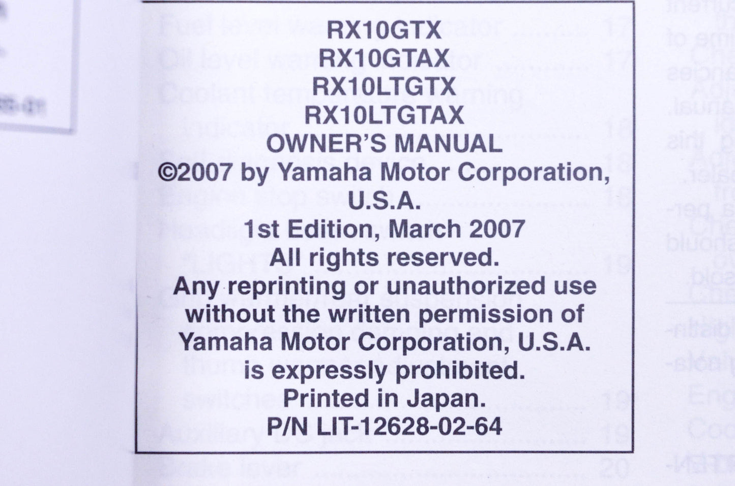 New OEM Yamaha LIT-12628-02-64 2008 RX10 Owner's Manual Kit NOS