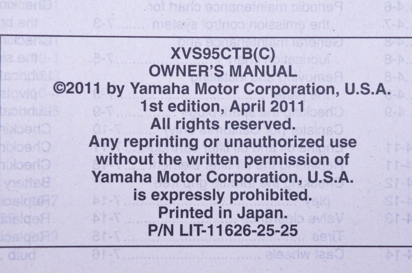 New OEM Yamaha LIT-11626-25-25 Star XVS95CTBc Owner's Manual NOS
