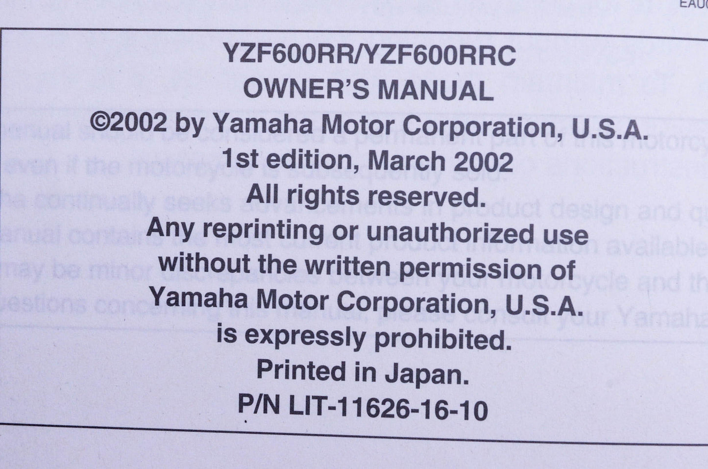 New OEM Yamaha LIT-11626-16-10 YZF600RR/C Owner's Manual NOS