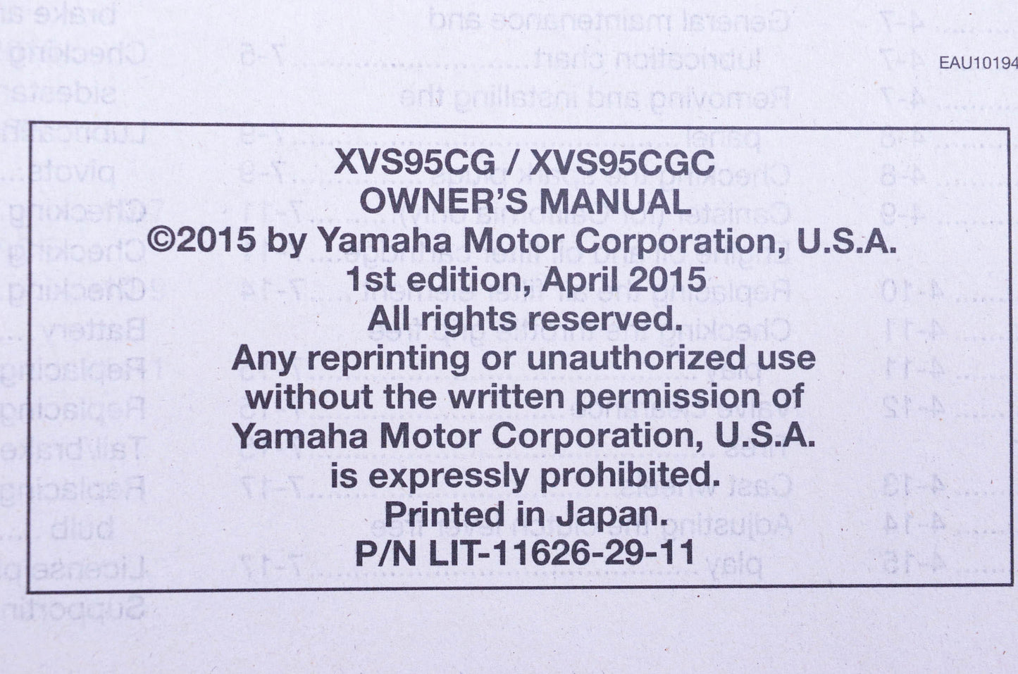 New OEM Yamaha LIT-11626-29-11 2016 XVS95CG/C Owner's Manual NOS