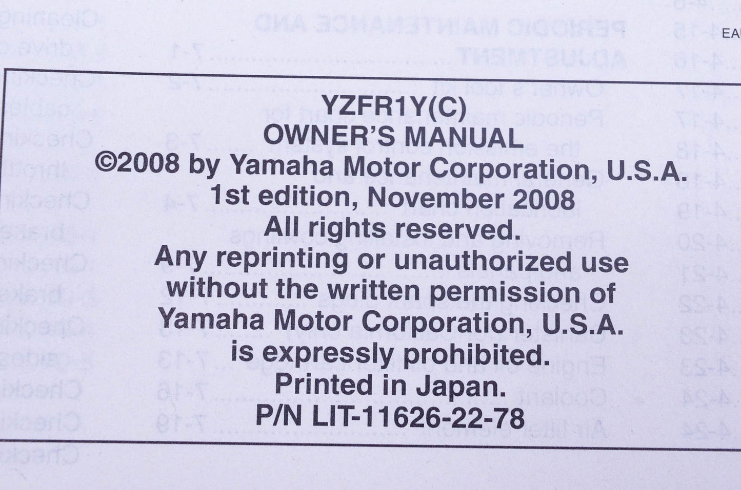 New OEM Yamaha LIT-11626-22-78 YZFR1Yc Owner's Manual NOS