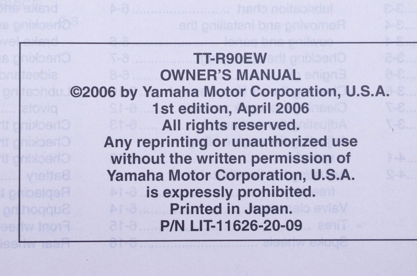New OEM Yamaha LIT-11626-20-09 TT-R90EW Owner's Manual NOS