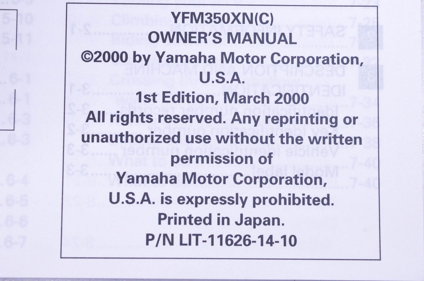 OEM Yamaha LIT-11626-14-10 YFM350XNc Warrior 350 Owner's Manual NOS