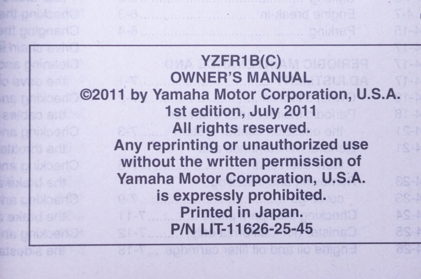 New OEM Yamaha LIT-11626-25-45 YZFR1Bc Owner's Manual NOS