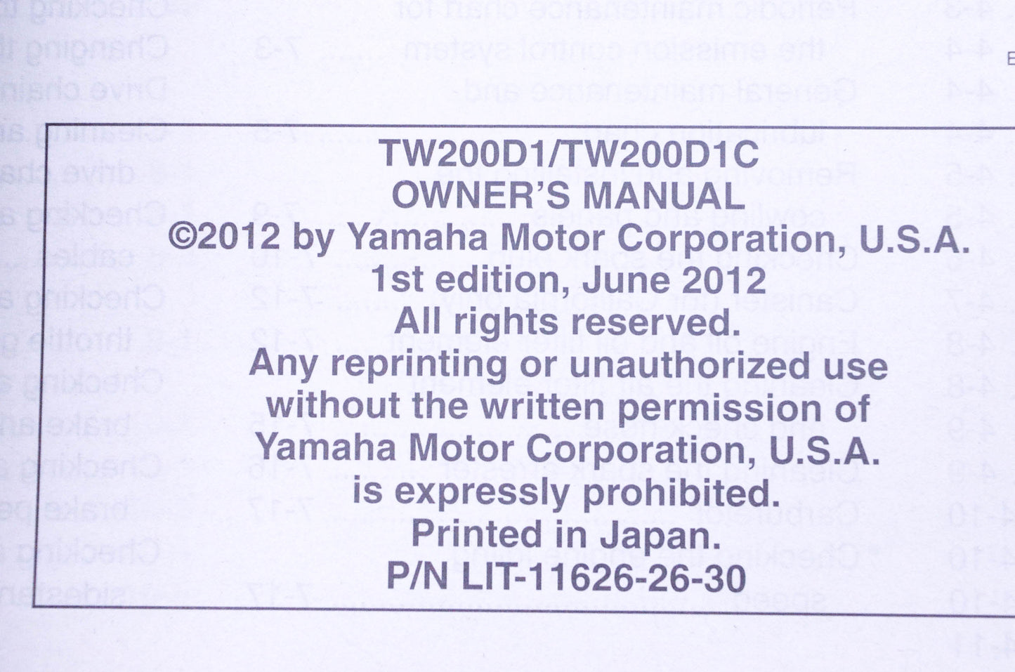 New OEM Yamaha LIT-11626-26-30 TW200 Owner's Manual NOS