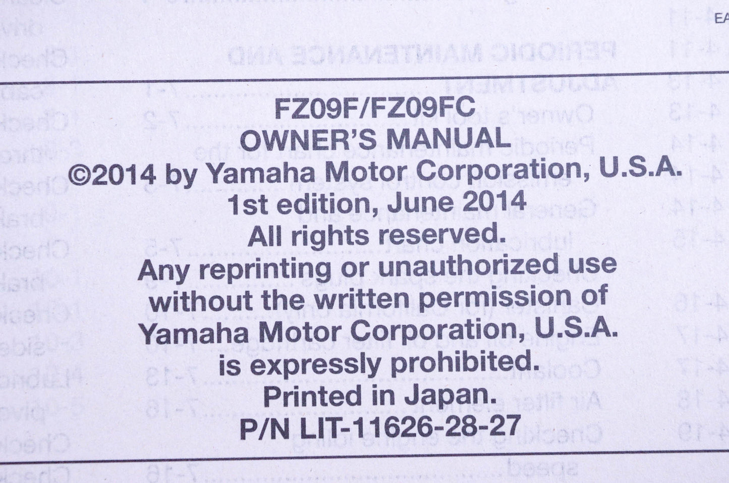New OEM Yamaha LIT-11626-28-27 2015 FZ-09 Owner's Manual NOS